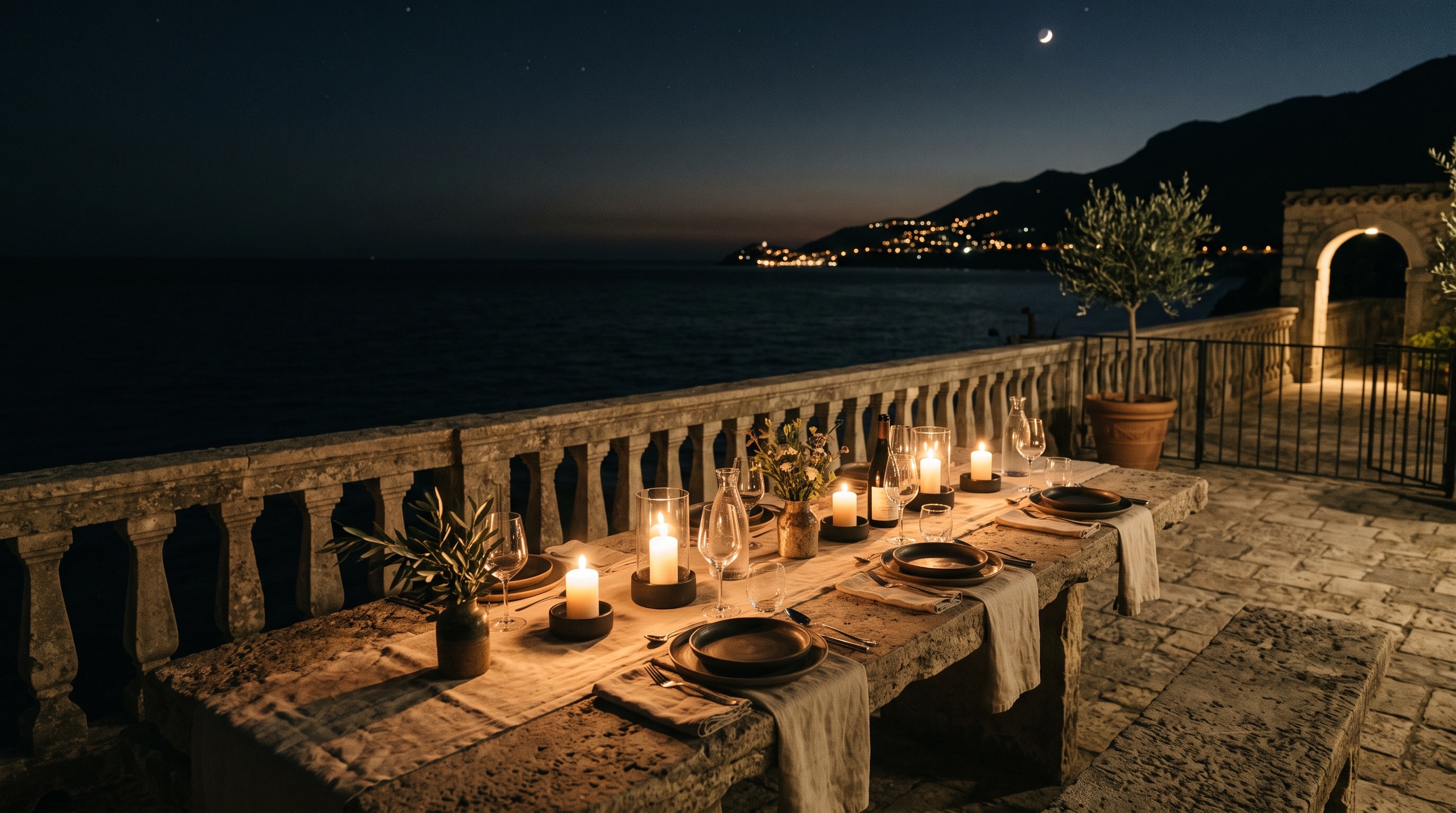 A long stone table set with candles above a black sea.