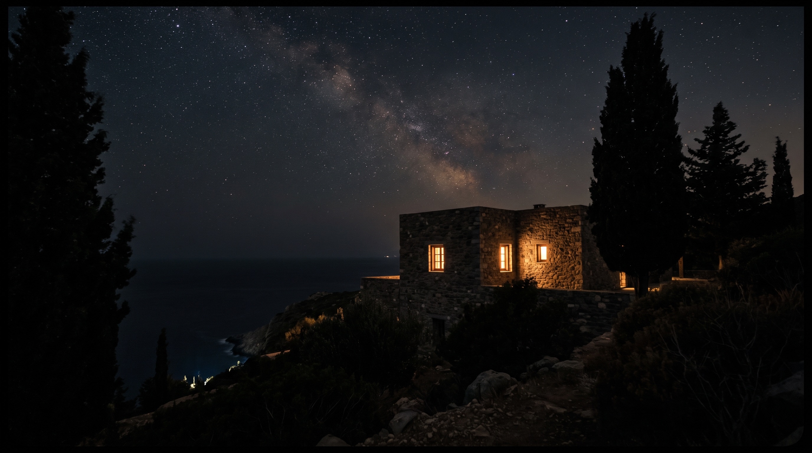 The villa at night under stars, two windows lit.