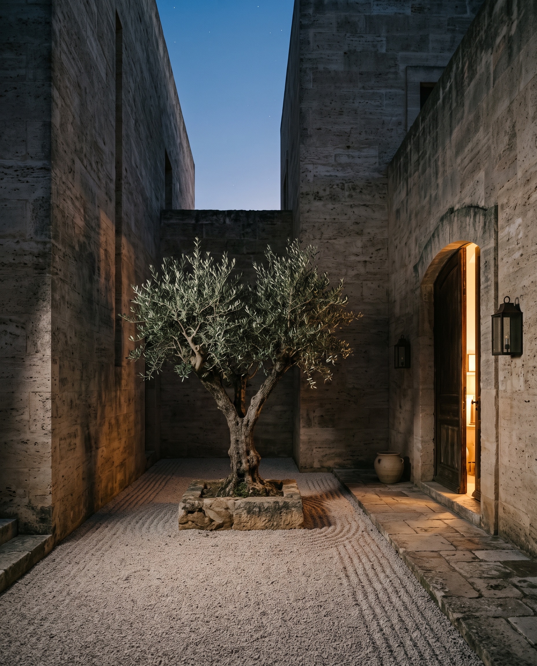 A private stone courtyard with one olive tree, lit from a deep doorway.