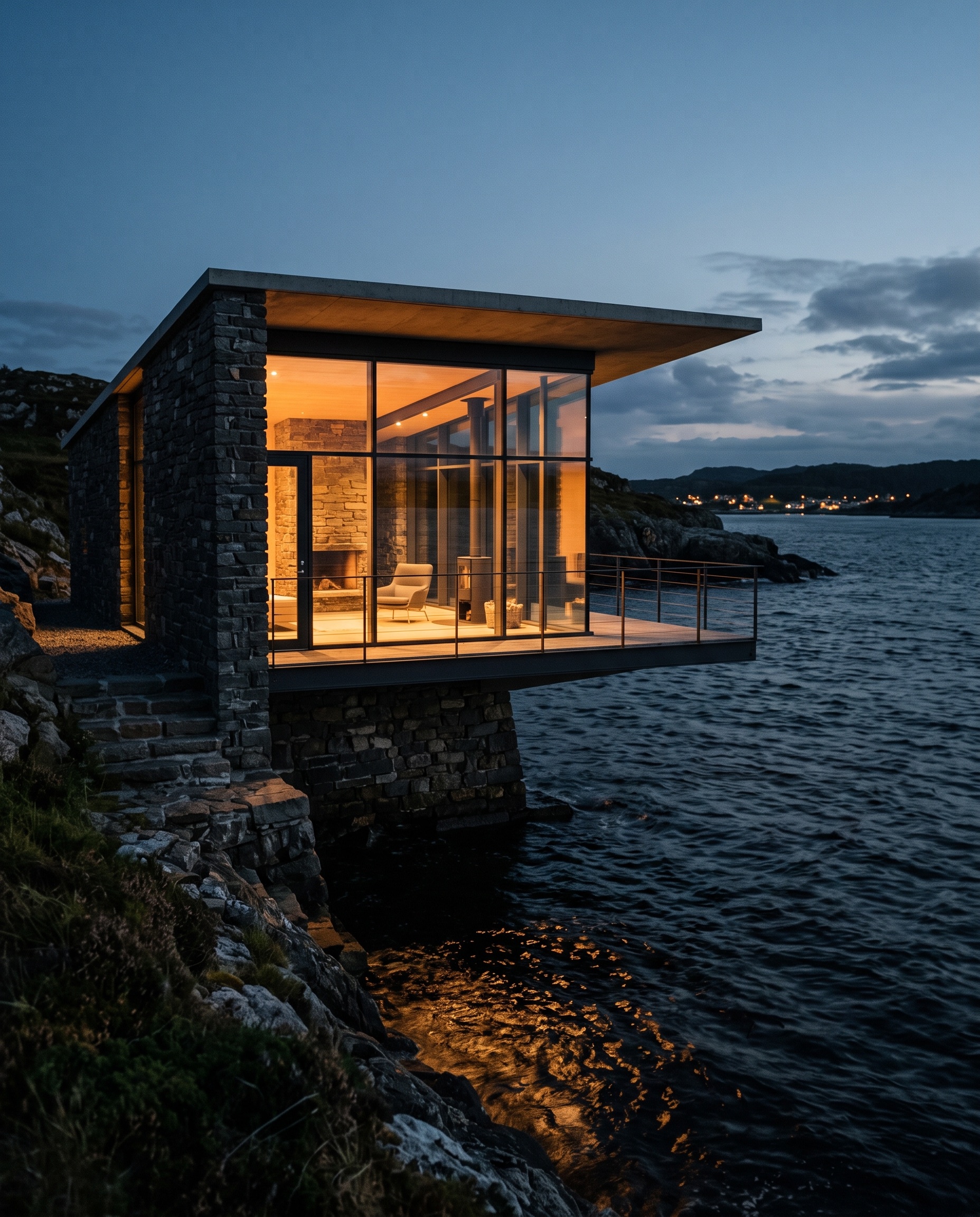A glass and stone pavilion cantilevered over dark water at blue hour.