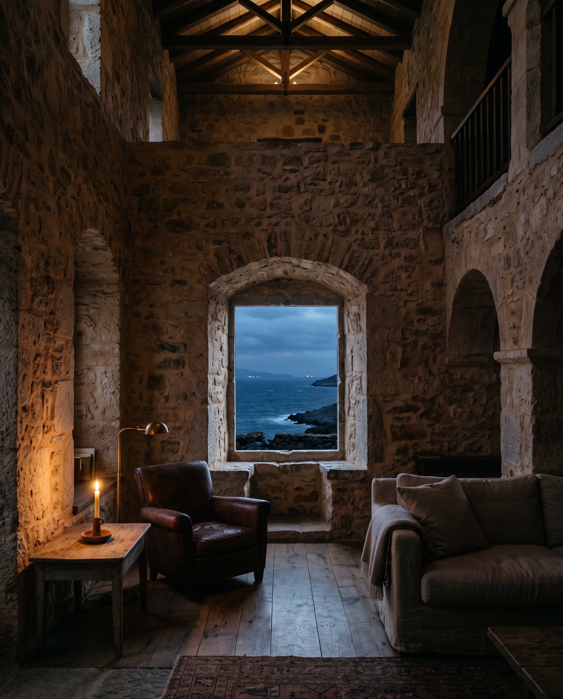 A double-height stone interior, one deep window holding the horizon.