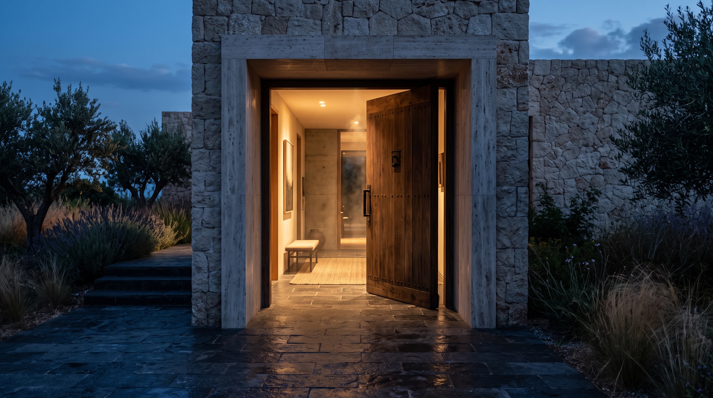 A tall timber door half open in a stone portal, warm light spilling out into blue dusk.